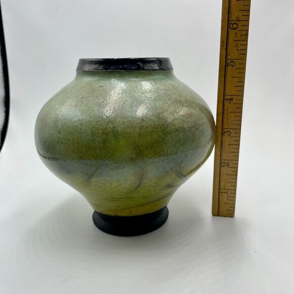 Studio Art Pottery Green Iridescent Glaze Raku Vase Planter Zion Canyon - Picture 8 of 9